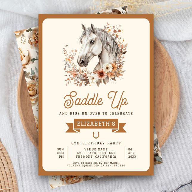 Invitación Fiesta de Cumpleaños de Vaquera con Caballo Floral (Subido por el creador)