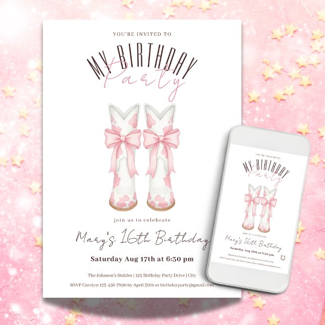 Invitación Fiesta de Cumpleaños de Vaquera Coqueta (Coquette Cowgirl Birthday Party Invitation)