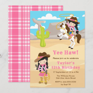 Invitación Fiesta de Cumpleaños de Vaquera de Cabello Negro