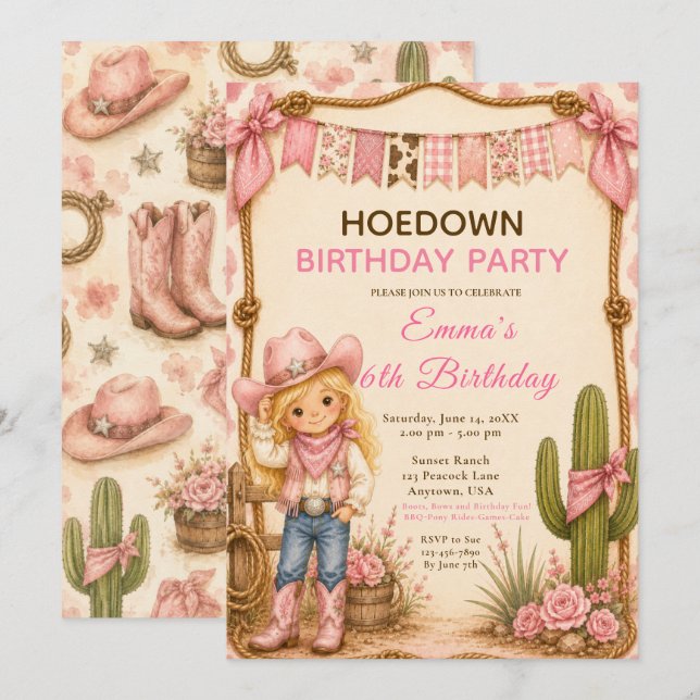 Invitación Fiesta de Cumpleaños de Vaquera Rosa (Anverso / Reverso)
