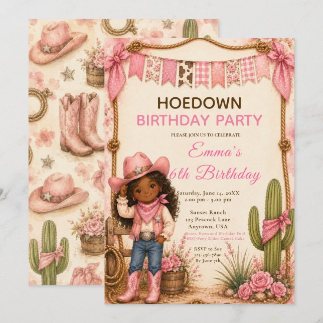 Invitación Fiesta de Cumpleaños de Vaquera Rosa (Anverso / Reverso)