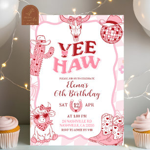 Invitación Fiesta de cumpleaños de vaquera Yeehaw pastel retr