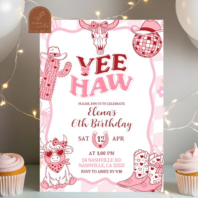 Invitación Fiesta de cumpleaños de vaquera Yeehaw pastel retr (Subido por el creador)