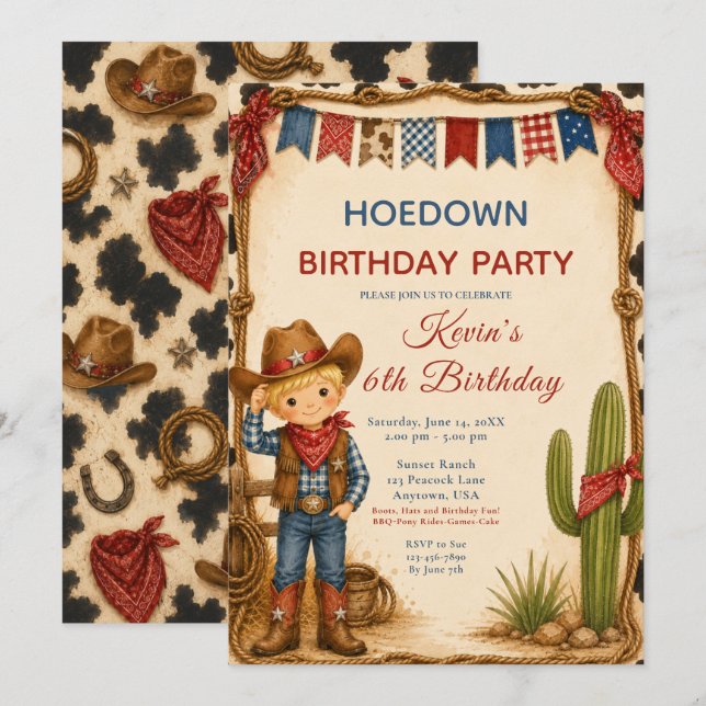 Invitación Fiesta de Cumpleaños de Vaquero (Anverso / Reverso)