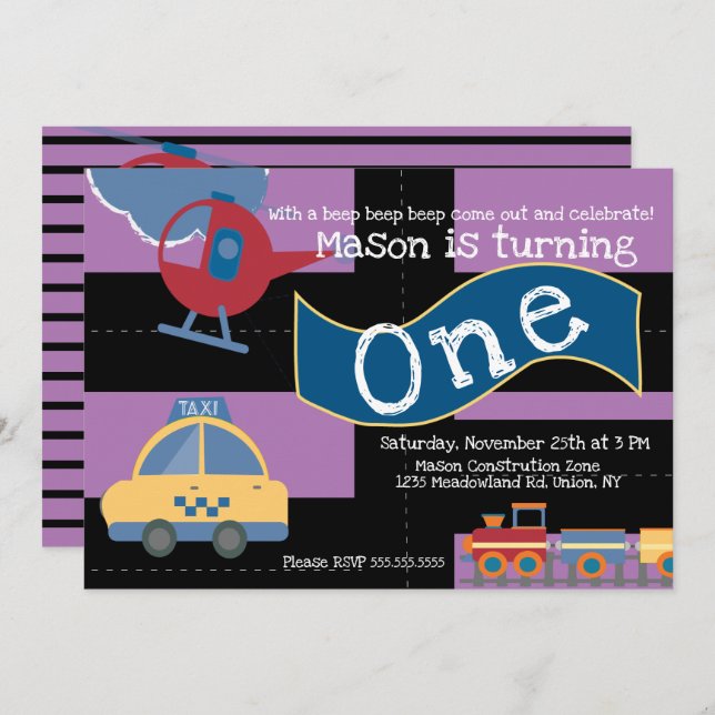 Invitación Fiesta de Cumpleaños de Vehículo de Paso Lindo par (Anverso / Reverso)