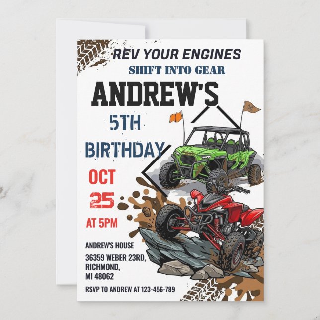 Invitación Fiesta de cumpleaños de vehículo todo terreno de 4 (Anverso)