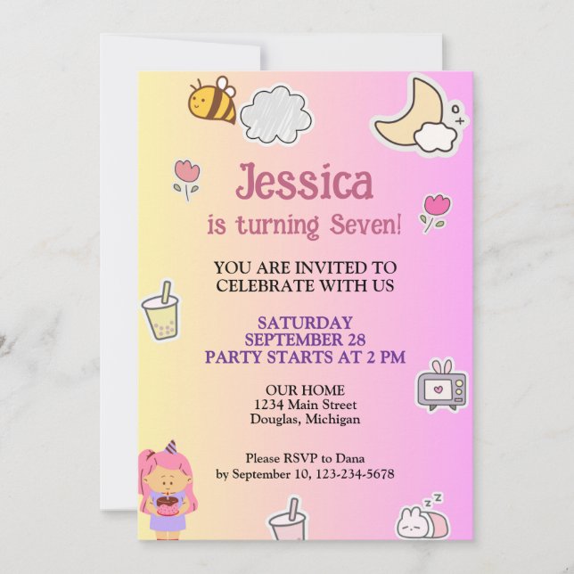 Invitación Fiesta de cumpleaños de verano adorable (Anverso)