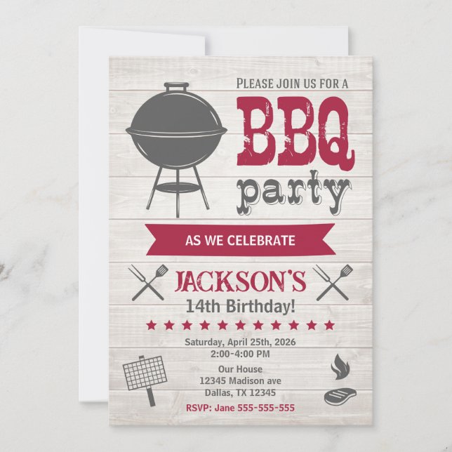 Invitación Fiesta de Cumpleaños de Verano al Aire Libre BBQ R (Anverso)