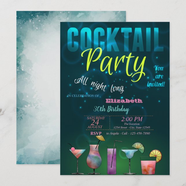 Invitación Fiesta de cumpleaños de verano, cóctel, piscina (Anverso / Reverso)