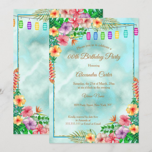 Invitación Fiesta de Cumpleaños de Verano con Hibiscos Tropic (Anverso / Reverso)