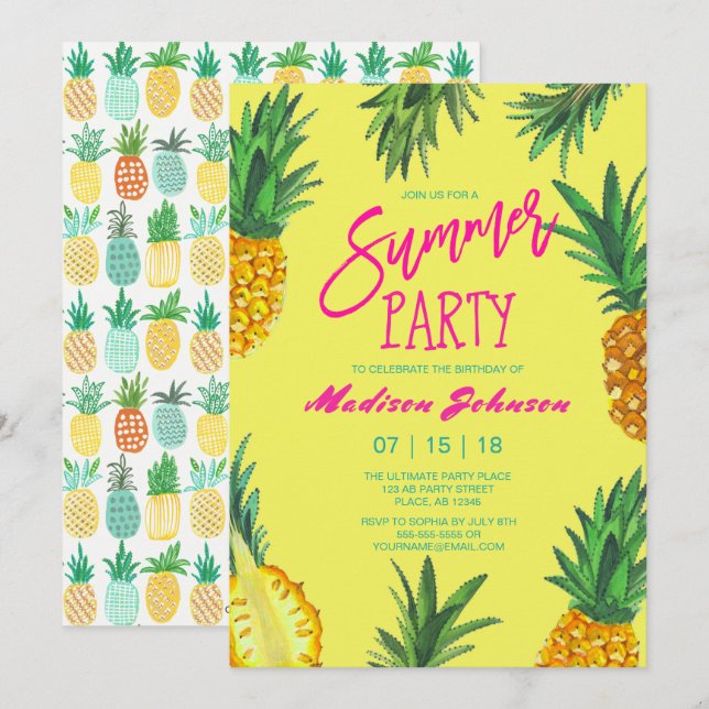 Invitación Fiesta de Cumpleaños de Verano con Piña Brillante (Anverso / Reverso)