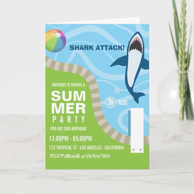 Invitación Fiesta de cumpleaños de verano con tema de tiburon (Anverso)