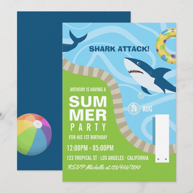 Invitación Fiesta de cumpleaños de verano con tema de tiburon (Anverso / Reverso)