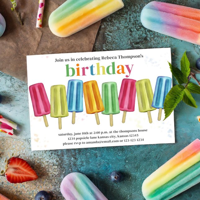Invitación Fiesta de Cumpleaños de Verano Cute Popsicles (Birthday Popsicle invitation with colorful rainbow popsicles. )