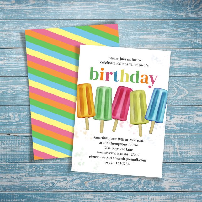 Invitación Fiesta de Cumpleaños de Verano Cute Popsicles (Birthday cute colorful popsicle theme invitation. )