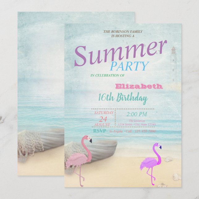 Invitación Fiesta de cumpleaños de verano de flamencos en bar (Anverso / Reverso)