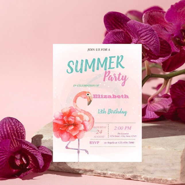 Invitación Fiesta de cumpleaños de verano de Floral Pink Flam (Subido por el creador)