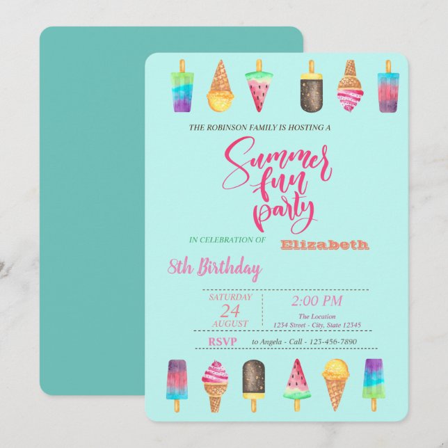 Invitación Fiesta de cumpleaños de verano de helados (Anverso / Reverso)