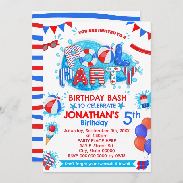 Invitación Fiesta de cumpleaños de verano de la piscina azul  (Anverso / Reverso)