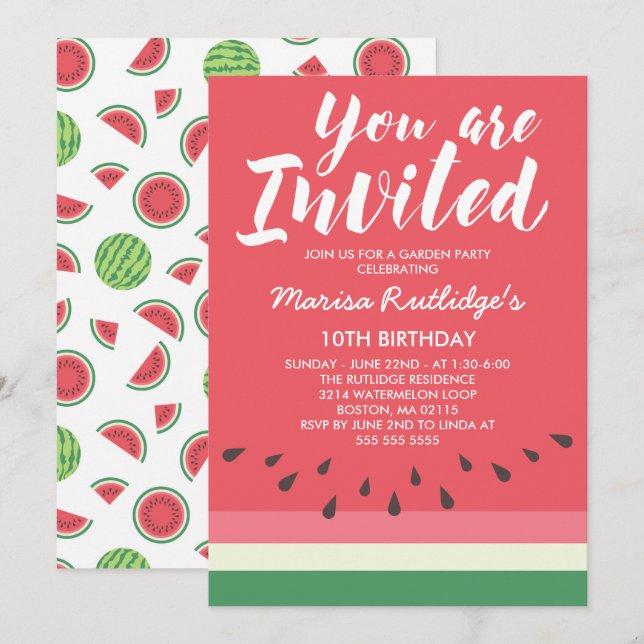 Invitación Fiesta de cumpleaños de verano de la sandía (Anverso / Reverso)