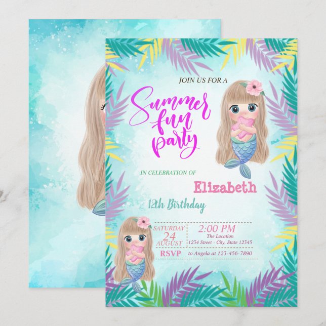 Invitación Fiesta de cumpleaños de verano de la Sirena de Beb (Anverso / Reverso)