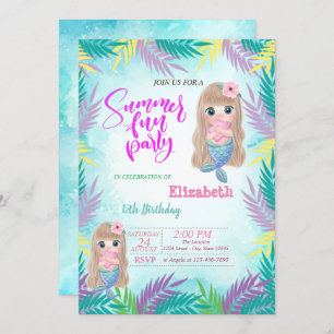Invitación Fiesta de cumpleaños de verano de la Sirena de Beb