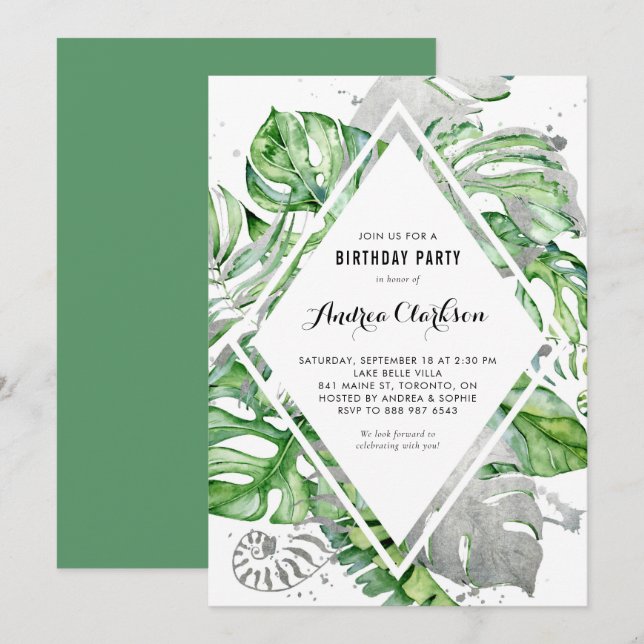 Invitación Fiesta de cumpleaños de verano de las hojas tropic (Anverso / Reverso)