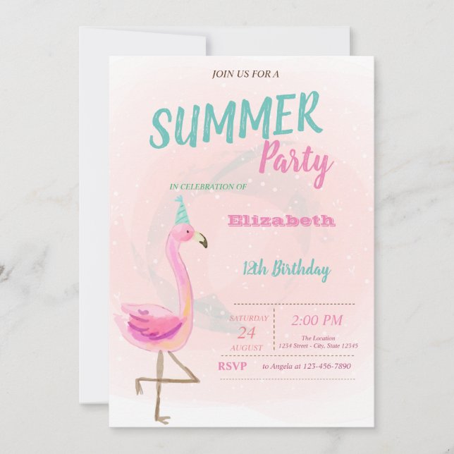 Invitación Fiesta de cumpleaños de verano de los flamencos ro (Anverso)