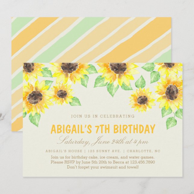 Invitación Fiesta de cumpleaños de verano de los girasoles (Anverso / Reverso)