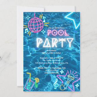 Invitación fiesta de cumpleaños de verano de neón en la pisci