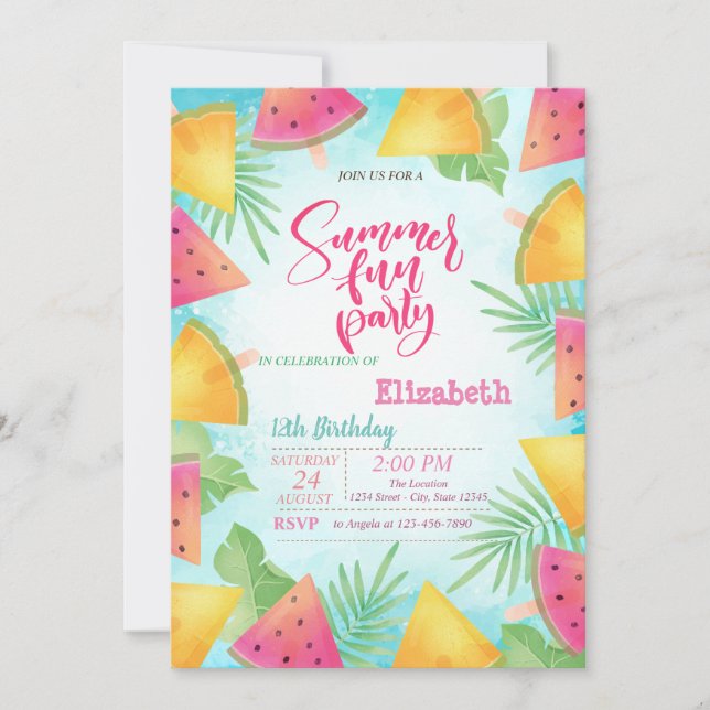 Invitación Fiesta de cumpleaños de verano de Palm Leaves Wate (Anverso)