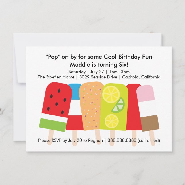 Invitación Fiesta de cumpleaños de verano de Popsicle (Anverso)
