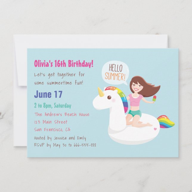 Invitación Fiesta de cumpleaños de verano de Rainbow Unicorn  (Anverso)