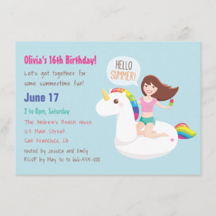 Invitación Fiesta de cumpleaños de verano de Rainbow Unicorn 
