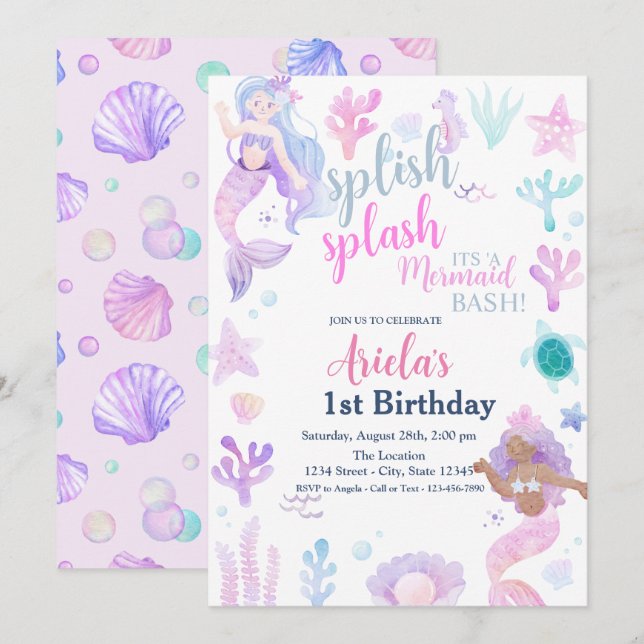Invitación Fiesta de cumpleaños de verano de sirenas en la pi (Anverso / Reverso)