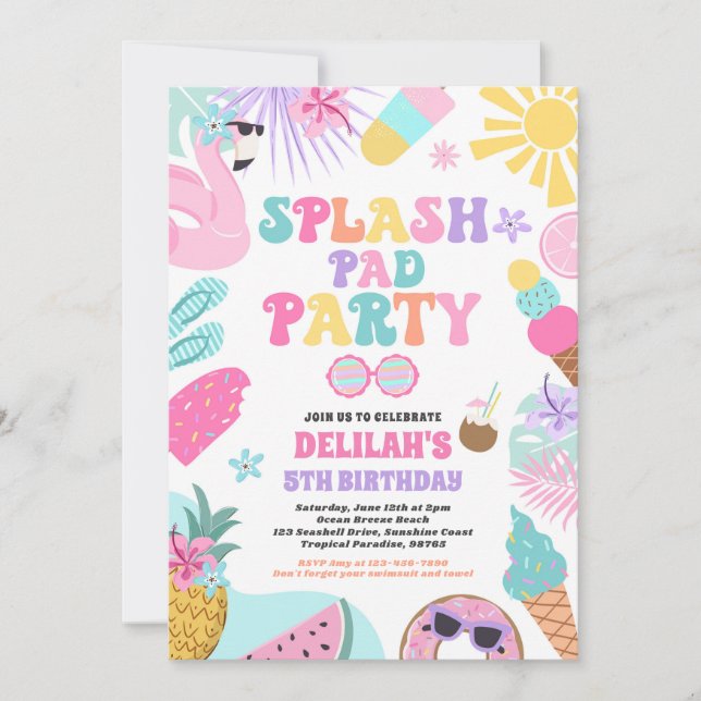 Invitación Fiesta de cumpleaños de verano de Splash Pad Tropi (Anverso)