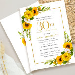 Invitación Fiesta de cumpleaños de verano del 30 de girasol<br><div class="desc">Bonito floral de girasol amarillo 30 cumpleaños invitación a la fiesta. Las peonías amarillas y las margaritas blancas se mezclan con los girasoles. Un marco dorado rectangular le da un ambiente elegante. La celebración del 30 cumpleaños y el nombre del celebrante están escritos en oro. Muy fácil de personalizar. Esa...</div>