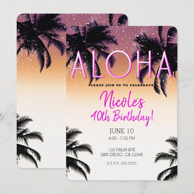 Invitación Fiesta de cumpleaños de verano en Aloha Hawaii Isl (Anverso / Reverso)