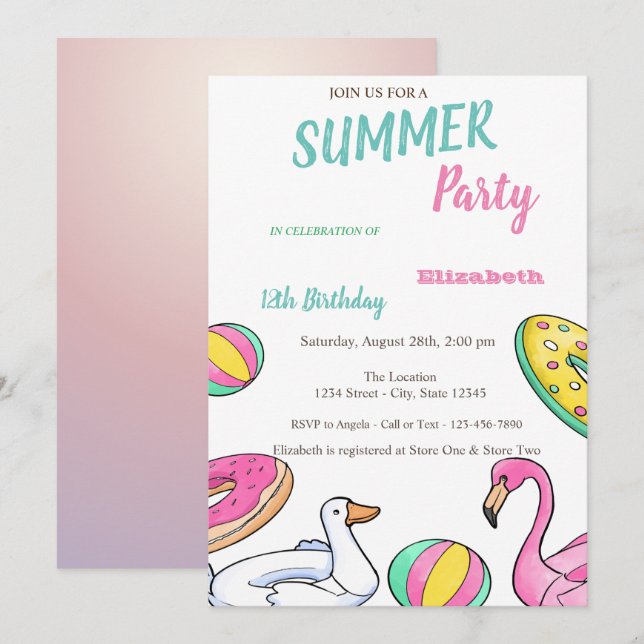 Invitación Fiesta de Cumpleaños de Verano en la Piscina (Anverso / Reverso)