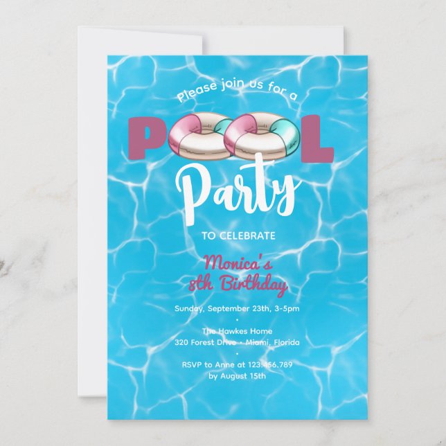 Invitación Fiesta de cumpleaños de verano en la piscina (Anverso)