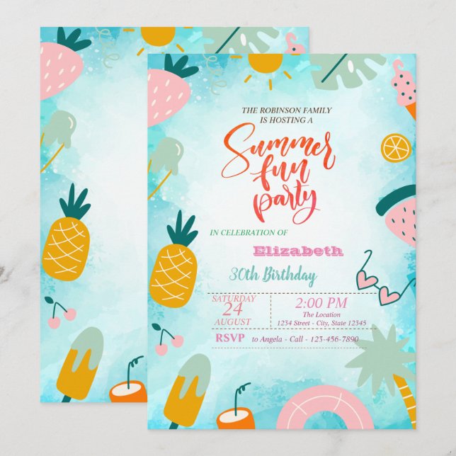 Invitación Fiesta de Cumpleaños de Verano en la Piscina de Ho (Anverso / Reverso)