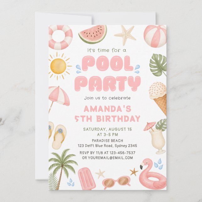 Invitación Fiesta de Cumpleaños de Verano en la Piscina en la (Anverso)