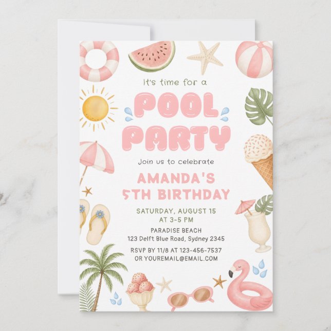Invitación Fiesta de Cumpleaños de Verano en la Playa en la P (Anverso)