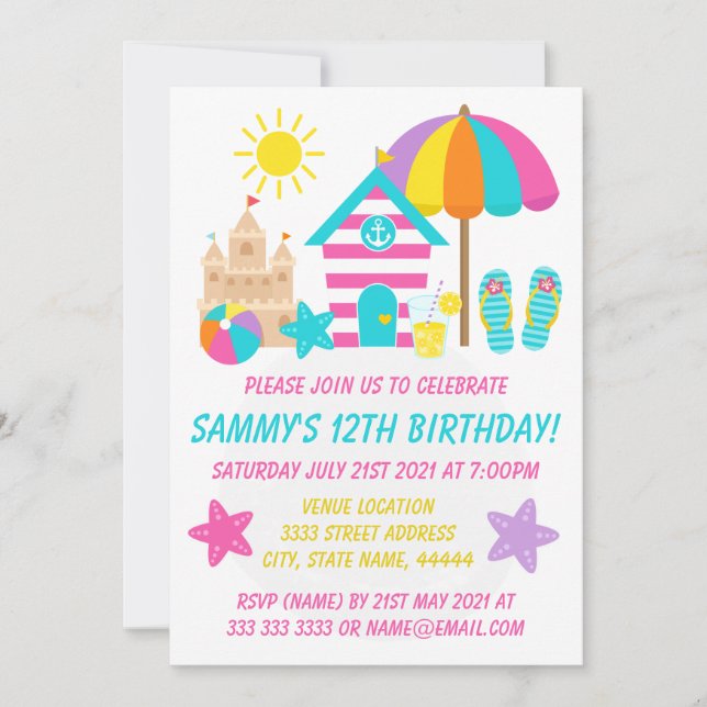Invitación Fiesta de cumpleaños de verano en la playa para ni (Anverso)