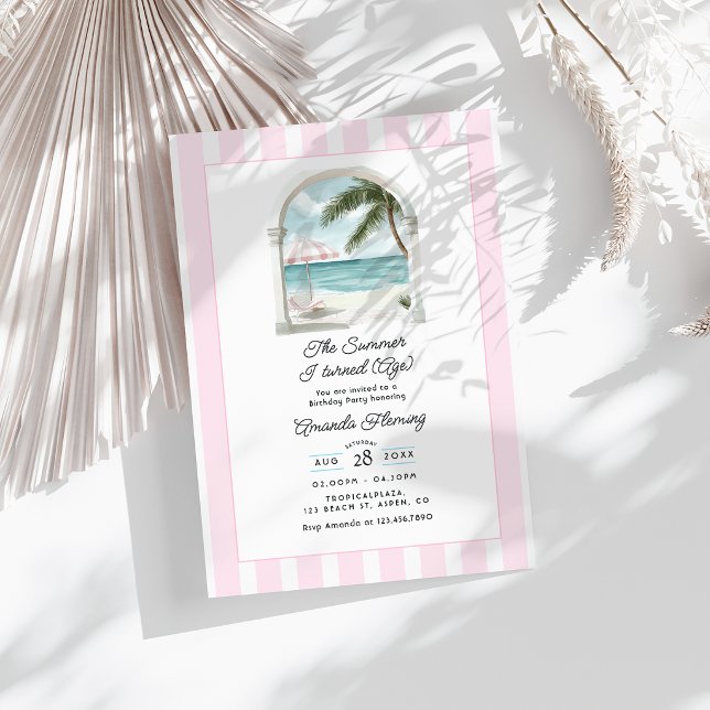 Invitación Fiesta de Cumpleaños de Verano en la Playa Rosa Co (Coastal Pink Beach Summer Birthday Party Invitation)