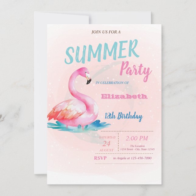 Invitación Fiesta de Cumpleaños de Verano Flamencos Rosados L (Anverso)