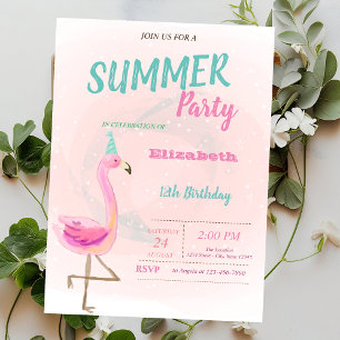 Invitación Fiesta de Cumpleaños de Verano Flamencos Rosas Lin