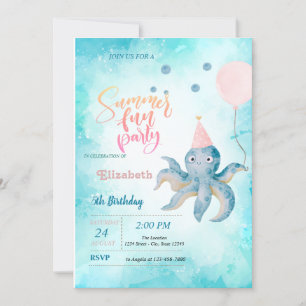 Invitación Fiesta de Cumpleaños de Verano Globo Pulpo Mar 