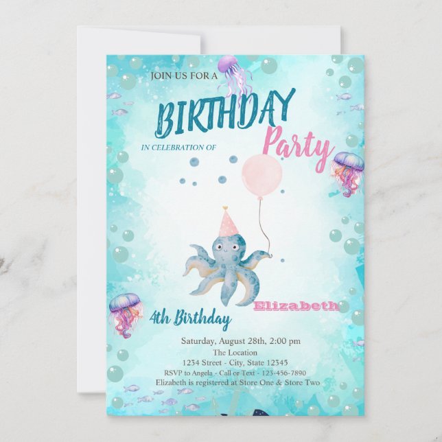 Invitación Fiesta de Cumpleaños de Verano Globo Pulpo Mar  (Anverso)