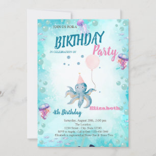 Invitación Fiesta de Cumpleaños de Verano Globo Pulpo Mar 